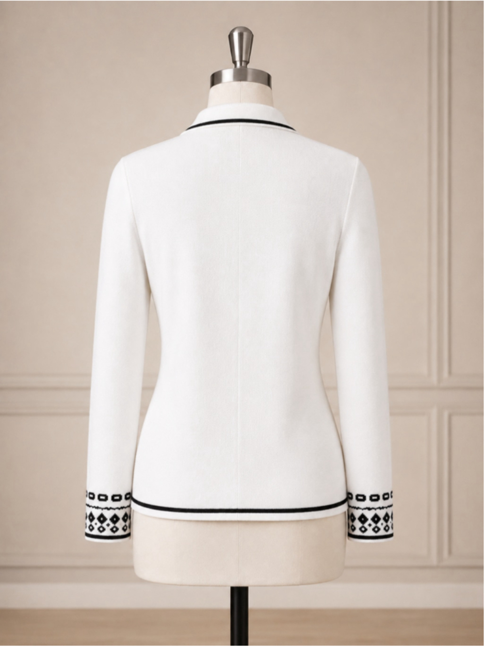 White & Black Rhinestone Cuff One-Button Knit Sweater Jacket - Picture 10 of 10